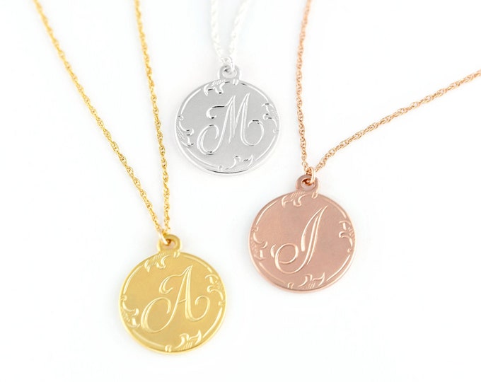 Monogram Coin Disc Necklaces, Vintage Style Cursive Letter Pendant, Bridal Gift Under 35, Filigree Script Initial, Personalized Gift for Her