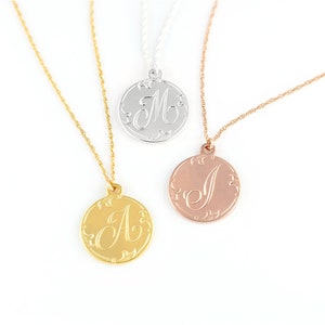 Monogram Coin Disc Necklaces, Vintage Style Cursive Letter Pendant, Bridal Gift Under 35, Filigree Script Initial, Personalized Gift for Her