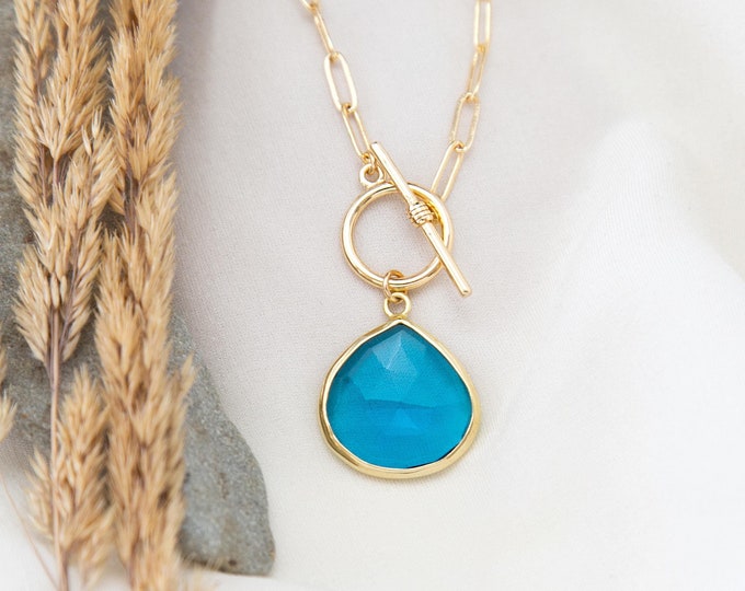 Blue Topaz Pendant, Something Blue Bridal Party Wedding Gift Jewelry, December Birthstone Christmas Gift, Trendy Paperclip Layering Necklace