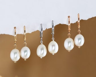 Dainty Pearl Hoops, Dangling Pearl Huggies, Bridesmaid Jewelry Gift, Freshwater Baroque Pearl Wedding Earrings for Bride, Gold Rose Silver