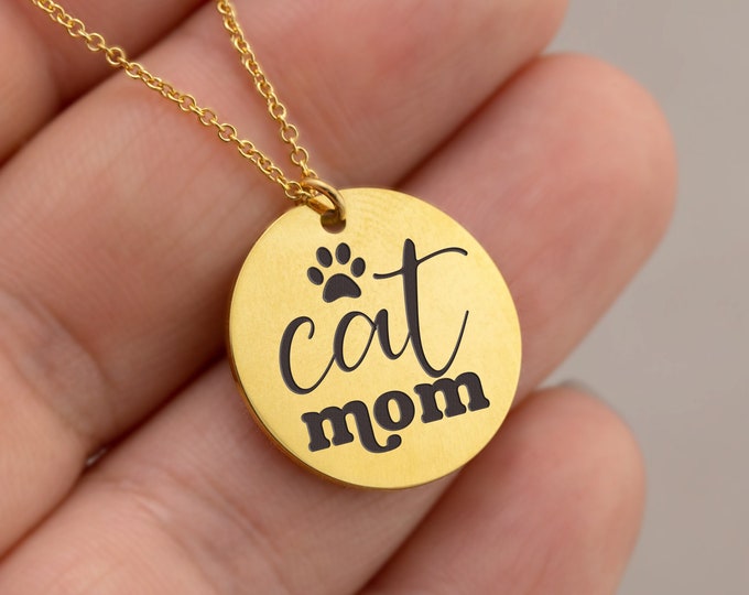 Cat Mom Gift Necklace Gold, Custom Engraved Pet Tag Charm Pendant Necklace for Fur Mom for Christmas, Funny Unique Gift for Cat Lady