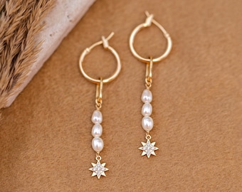 Modern Bridal Earrings, Dainty Freshwater Pearl & CZ Hoops, Custom Bridesmaid Jewelry Gift, Tiny Pearl Drop Dangle Huggies, Minimalist Boho
