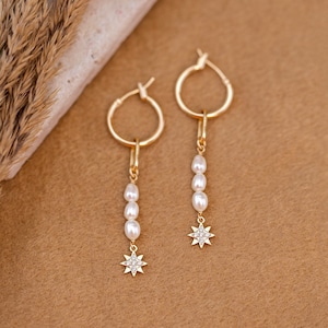 Modern Bridal Earrings, Dainty Freshwater Pearl & CZ Hoops, Custom Bridesmaid Jewelry Gift, Tiny Pearl Drop Dangle Huggies, Minimalist Boho