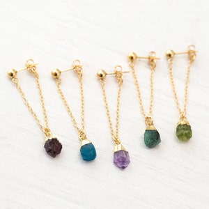 Colorful Raw Crystal Chain Hoop Studs, Dainty Chain Cuff Front and Back Stud Earrings, Everyday Lightweight Summer Jewelry, Best Friend Gift