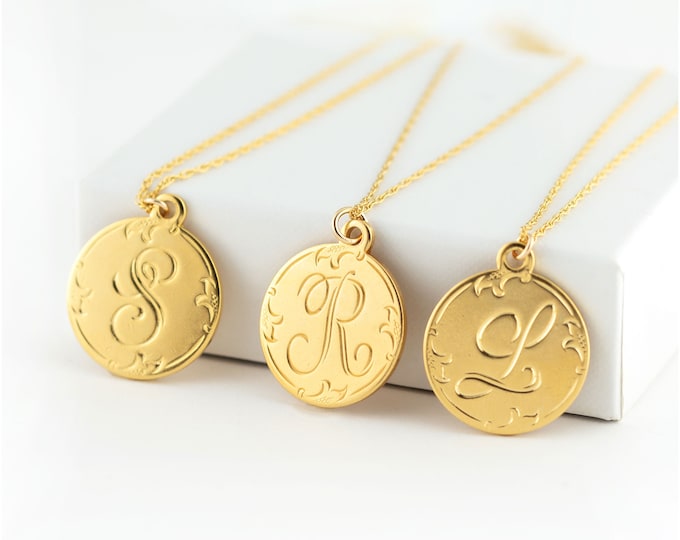 Custom Initial Necklace, Script Monogram Pendant, Mothers Gift, Personalized Bridesmaid Gift, Initial Disc Necklace, Graduation Gift