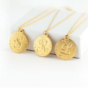 Custom Initial Necklace, Script Monogram Pendant, Mothers Gift, Personalized Bridesmaid Gift, Initial Disc Necklace, Graduation Gift