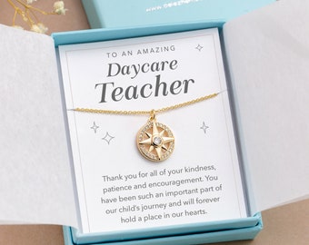 Daycare Teacher Gift, Teacher Appreciation Gift Necklace with Card, Cute Compass Necklace, Thank You Gift under 20, Preschool Teacher Gift