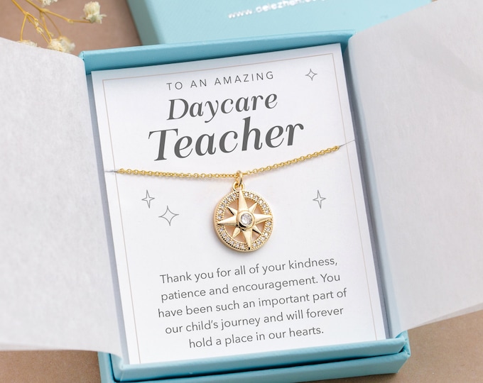 Daycare Teacher Gift, Teacher Appreciation Gift Necklace with Card, Cute Compass Necklace, Thank You Gift under 20, Preschool Teacher Gift