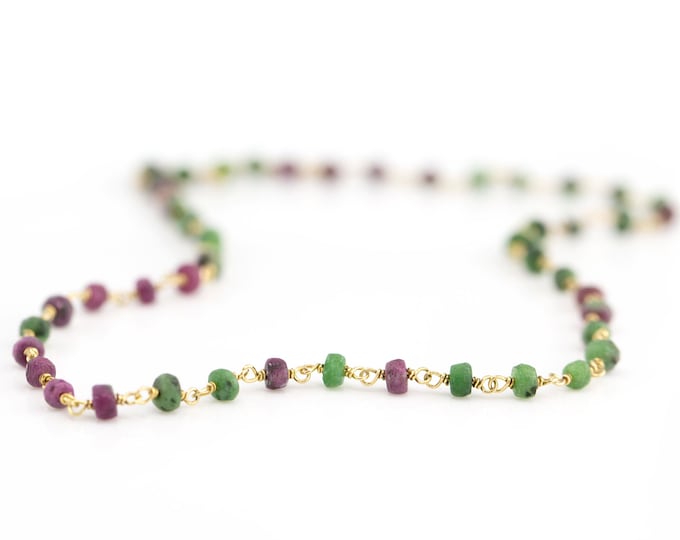 Beaded Ruby Zoisite Necklace, Natural July Birthstone Birthday Gift, Unique Stone Rosary Layering Choker Everyday Wire Wrapped Crystal Chain
