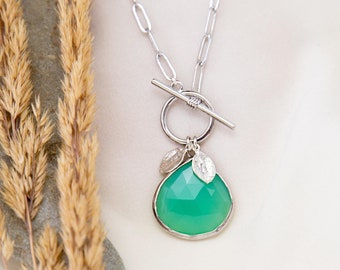 Chunky Silver Pendant Necklace, Jade Green Chrysoprase Gemstone Toggle Custom Charms, Paperclip Layering Statement Choker 2024 Jewelry Trend