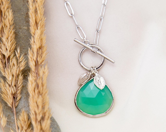 Chunky Silver Pendant Necklace, Jade Green Chrysoprase Gemstone Toggle Custom Charms, Paperclip Layering Statement Choker 2024 Jewelry Trend