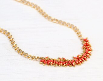Red Coral Tassel Necklace, Beachy Trendy Toggle Clasp Necklace, Unique Beaded Layering Choker, Curb Chain Cuban Link, Gift for Daughter BFFs