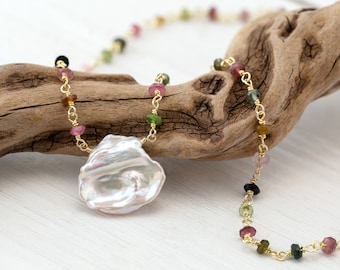 Baroque Pearl Beaded Gemstone Necklace, Multi Colored Tourmaline Choker, Natural Freshwater Keshi Pearl, Wire Wrapped Crystals, Summer Gift