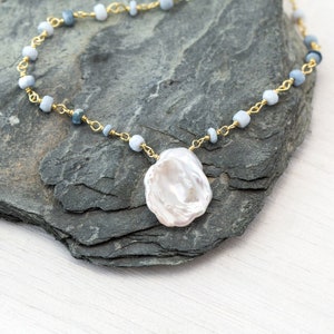 Dainty Blue Opal Beaded Pearl Bridal Necklace, Something Blue Crew Bridesmaid Jewelry Gift, Keshi Freshwater Pearl Boho Beach Summer Wedding