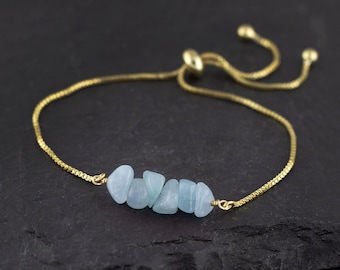 Dainty Aquamarine Bracelet, Adjustable Box Chain Beaded Stacking Bracelet, March Birthstone Gift, Simple Blue Bridesmaid Jewelry Under 30