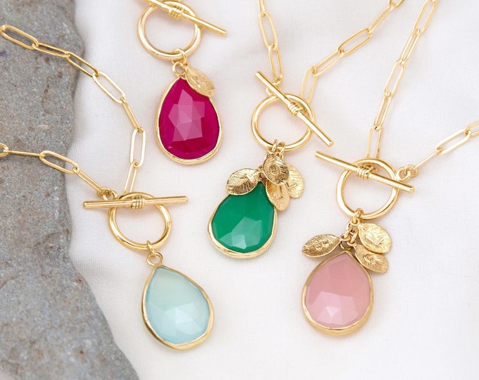 Colorful Gem Paperclip Toggle Necklace with Custom Charms, Crystal Gemstone Initial Name Birthstone Necklace, Trendy Layering Jewelry Chains