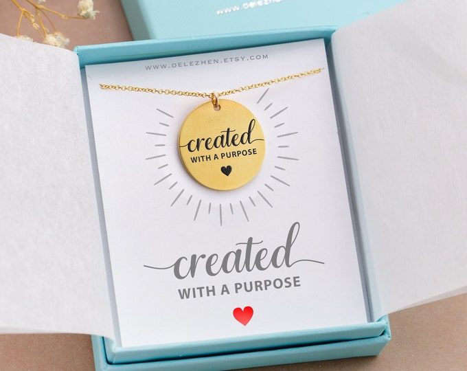 Created With A Purpose Necklace Gold, Christain Gift Jewelry for Daughter, Encouragement Engraved Disc Charm Pendant, 14k Gold Filled