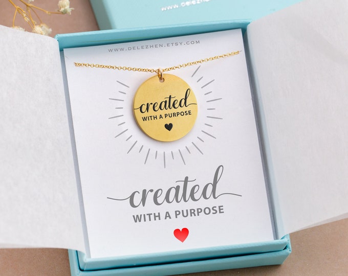 Created With A Purpose Necklace Gold, Christain Gift Jewelry for Daughter, Encouragement Engraved Disc Charm Pendant, 14k Gold Filled