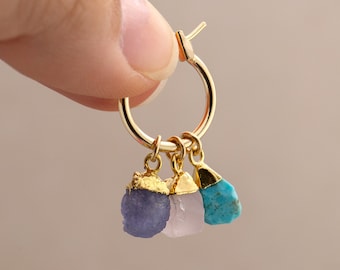 Custom Crystal Huggies, Build Your Own Charm Hoops, Personalized DIY Charm Earrings, Raw Birthstones Genuine Gemstones, Tiny Hoop Earrings