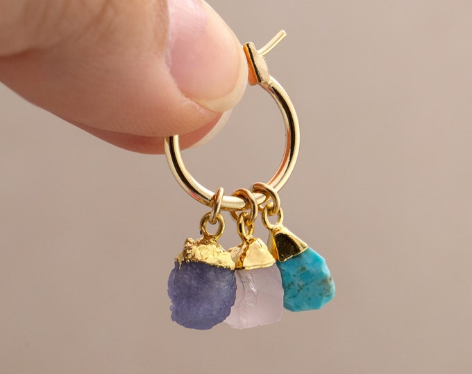 Custom Crystal Huggies, Build Your Own Charm Hoops, Personalized DIY Charm Earrings, Raw Birthstones Genuine Gemstones, Tiny Hoop Earrings