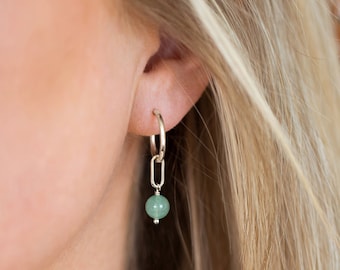 Dainty Silver Gemstone Huggies, Green Aventurine Jade Hoop Earring, Minimalist Natural Crystal Beaded Huggie Hoops, Bridesmaid Gift Jewelry