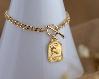 Gold Taurus Zodiac Sign Tag Bracelet, Chunky Curb Chain Bracelet Toggle, Rectangle Zodiac Charm Bracelet, Astrology, Horoscope Aries Virgo