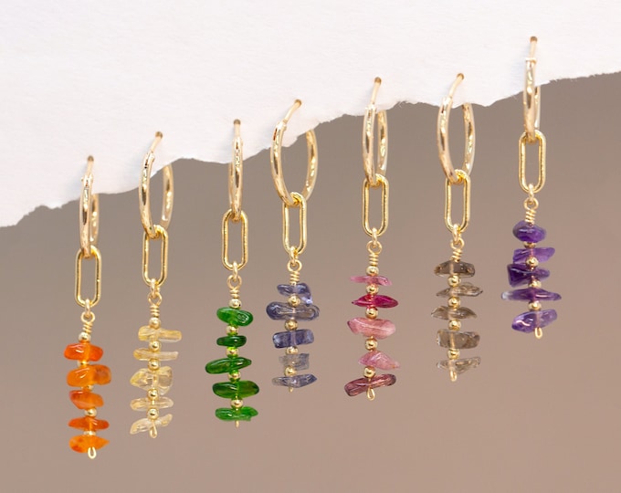 Colorful Raw Crystal Hoops, Dainty Huggie Hoop Charm Earrings, Genuine Gemstone Beaded Dangle, Everyday Stacking Earring Set, Gift for Women
