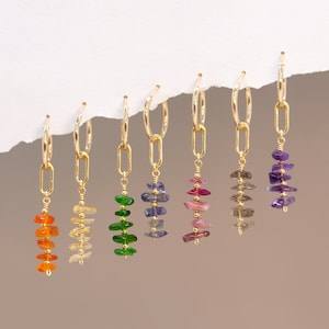 Colorful Raw Crystal Hoops, Dainty Huggie Hoop Charm Earrings, Genuine Gemstone Beaded Dangle, Everyday Stacking Earring Set, Gift for Women
