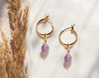Amethyst Huggie Hoops, Minimalist Birthstone Jewelry, Dainty Bridesmaid Earrings, Genuine Gemstones Crystal Beads, February Birthday Gift