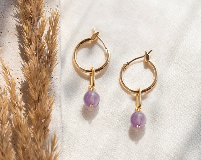 Amethyst Huggie Hoops, Minimalist Birthstone Jewelry, Dainty Bridesmaid Earrings, Genuine Gemstones Crystal Beads, February Birthday Gift
