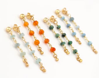 Gemstone Stud Dangle Earrings, Dainty Front and Back Studs, Beaded Chain Dangle Everyday Lightweight Earrings, Boho Bridal Bridesmaid Gift