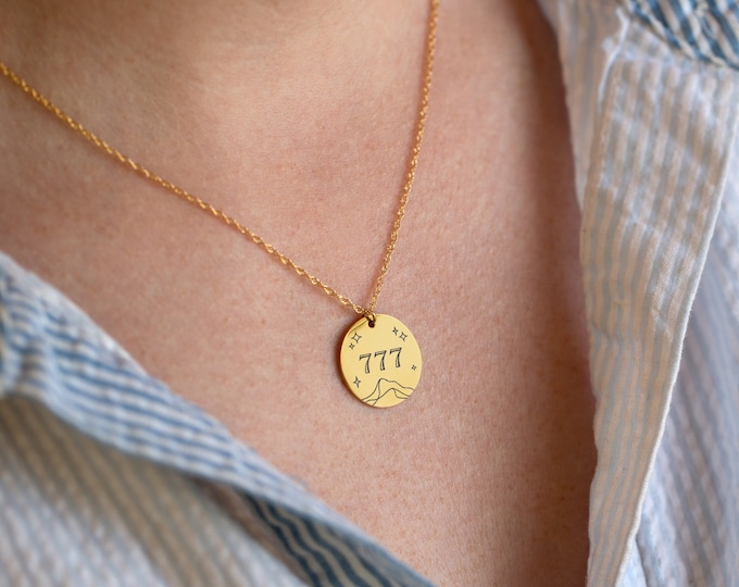 Lucky Charm Necklace, 777 Angel Number Coin Disc Chain, Minimalist Gold Filled Layering Necklace, Trendy Jewelry Gift for Daughter Teen