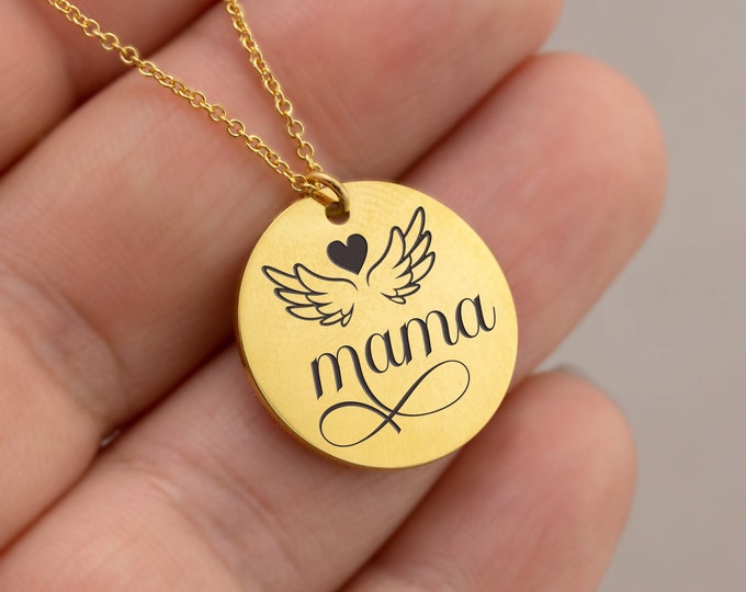 Mama to an Angel Gift Necklace, Gold Custom Engraved Tag Necklace, Bereavement Gift, Miscarriage Gift, Miscarriage Keepsake, Angel Wing