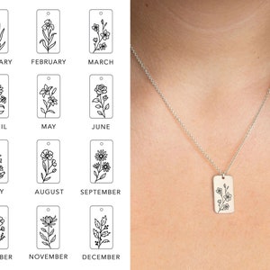 Birth Month Flower Tag Necklace, Birth flower necklace Gift for Her Personalized, Silver Rectangle Charm Pendant Necklace, BFF Sister Gifts