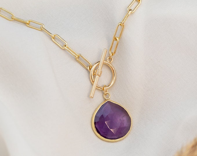 Amethyst Toggle Pendant Necklace, Gold or Silver Paperclip Chain, Chunky Charm Layering Necklace, February Birthstone Jewelry Gift for Mom