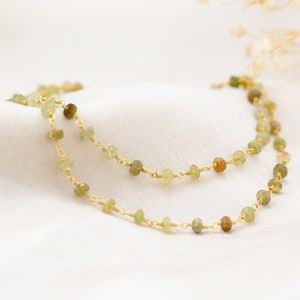 Beaded Stone Necklace, Green Garnet Natural Gemstone Rosary Chain, Colorful Wire Wrapped Layering Choker Boho, January Birthday Crystal Gift
