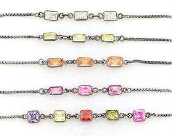 Multicolor CZ Bracelets, Gift Idea for Friends, Adjustable Black Silver Bolo Bracelet, Oxidized Edgy Jewelry, Cubic Zirconia Crystal Chain