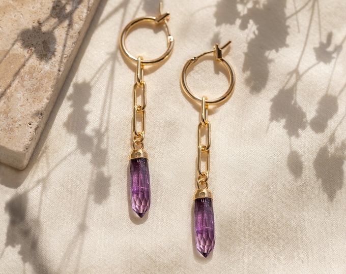 Amethyst Dangle Hoops, February Birthstone Aquarius Gift, Purple Crystal Spike Charm Huggies, Paperclip Chain Drop Earrings, Jewelry Trends
