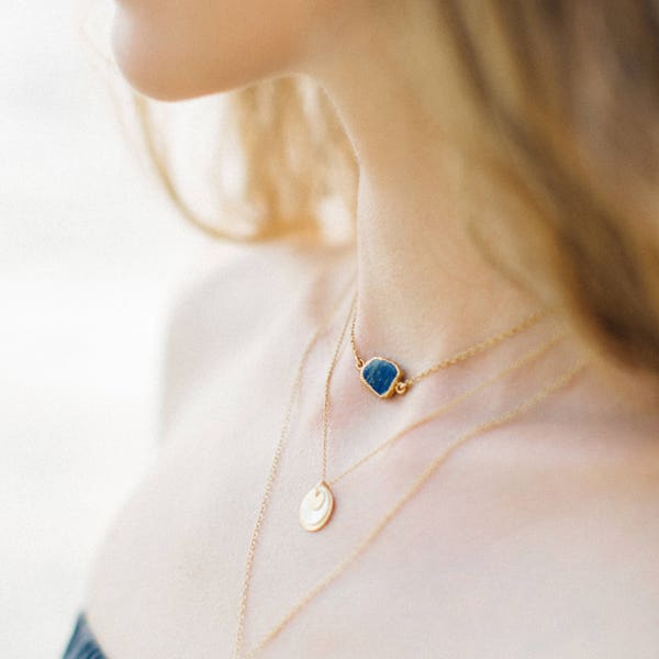 Dainty Gemstone Slice Necklace, 14k Gold Filled Layering Necklace, Lapis Lazuli Gemstone Choker, Bridesmaid Gift, Gift for Her, NK-GS