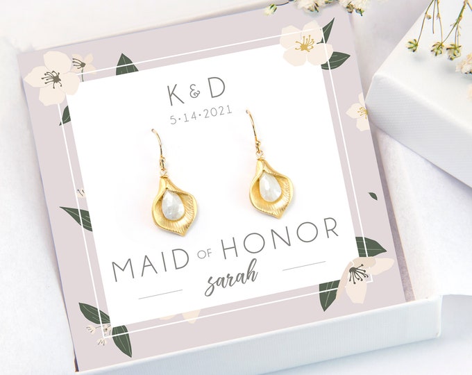 Personalized Wedding Gift, Maid of Honor Earrings, Gold Calla lily Gemstone Earrings, White Stone Earrings, Bridesmaid Gift, Bridal Jewelry