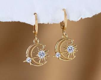 Moon and Star Pave Huggie Earrings, Gold Diamond Dangle Earrings, Celestial Jewelry. Perfect Gift for Her, 21st birthday gift for her