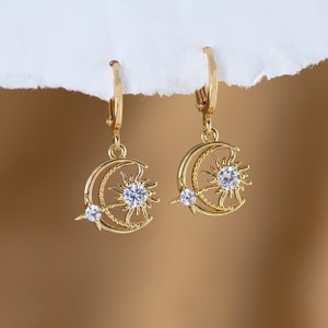 Moon and Star Pave Huggie Earrings, Gold Diamond Dangle Earrings, Celestial Jewelry. Perfect Gift for Her, 21st birthday gift for her