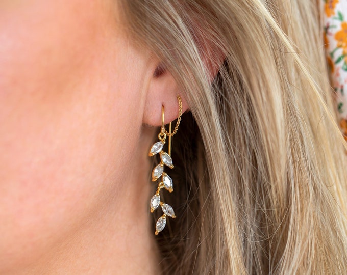 Simple Bridal Earrings, CZ Crystal Dangling Vine Earrings, Chain Drop Gold Filled Threaders, Bridesmaid Jewelry Minimalist Modern Bride Gift
