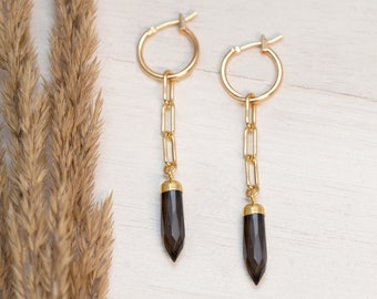 Black Onyx Dangle Hoops, Crystal Spike Charm Huggies, Trendy Paperclip Chain Drop Statement Earrings, Jewelry Gift for Daughter, Birthstone