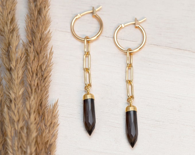 Black Onyx Dangle Hoops, Crystal Spike Charm Huggies, Trendy Paperclip Chain Drop Statement Earrings, Jewelry Gift for Daughter, Birthstone