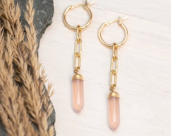 Blush Pink Crystal Hoops, Thick Link Paperclip Chain Earrings, Rose Quartz Charm Huggies, Chunky Gold Hoops, Long Drop Dangle Gemstone Spike