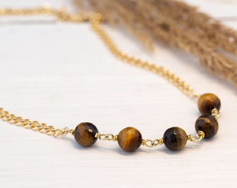 Beaded Tiger Eye Necklace, Brown Gemstone Station Chain Choker, Gold Curb Toggle Clasp, Protection Confidence Jewelry Gift for Daughter