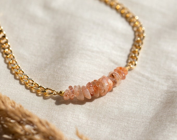 Raw Sunstone Gold Choker, Beaded Crystal Bar Layering Curb Chain Necklace, Layering Chunky Cuban Link Choker, Boho Toggle Clasp Jewelry Gift