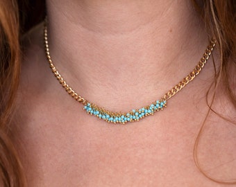 Beachy Turquoise Bar Choker, Tiny Beaded Gemstones Thick Chunky Chain Necklace, Unique Statement Layering Necklace, Gift for Best Friends