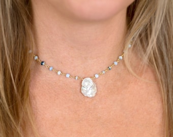 Baroque Pearl Beaded Opal Choker, Summer Jewelry Beachy Necklace, Something Blue Bridesmaid Gift, Beaded Layering Chain, Boho Bride Necklace